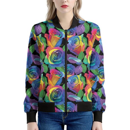 LGBT Pride Rainbow Roses Pattern Print Women's Bomber Jacket