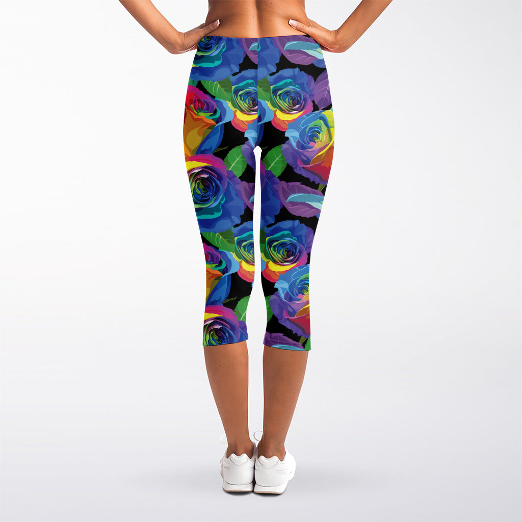 LGBT Pride Rainbow Roses Pattern Print Women's Capri Leggings