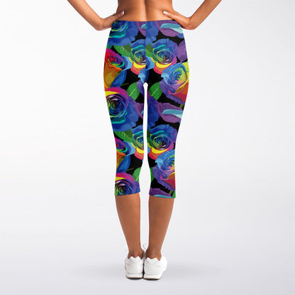 LGBT Pride Rainbow Roses Pattern Print Women's Capri Leggings