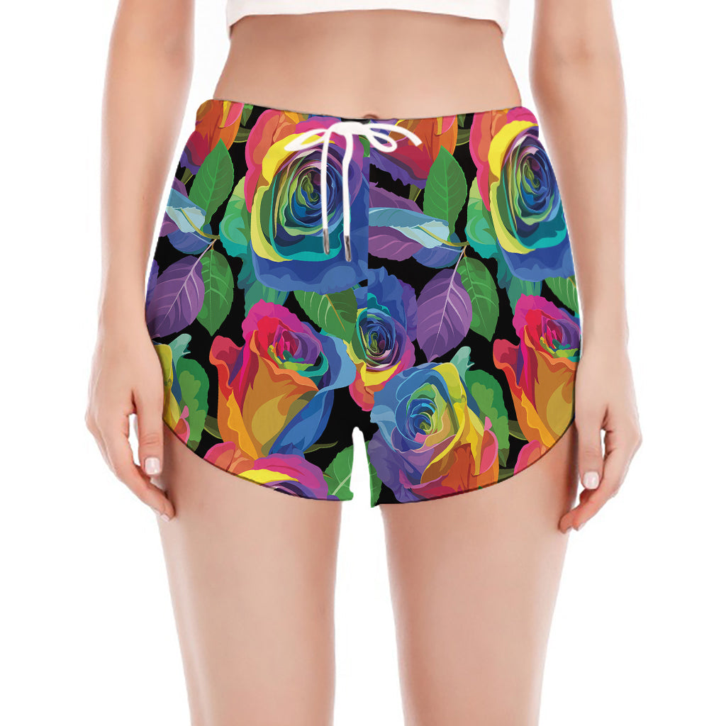 LGBT Pride Rainbow Roses Pattern Print Women's Split Running Shorts