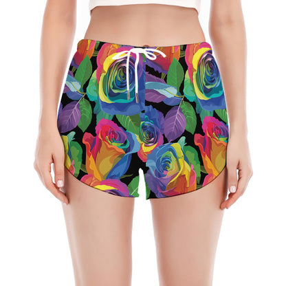 LGBT Pride Rainbow Roses Pattern Print Women's Split Running Shorts