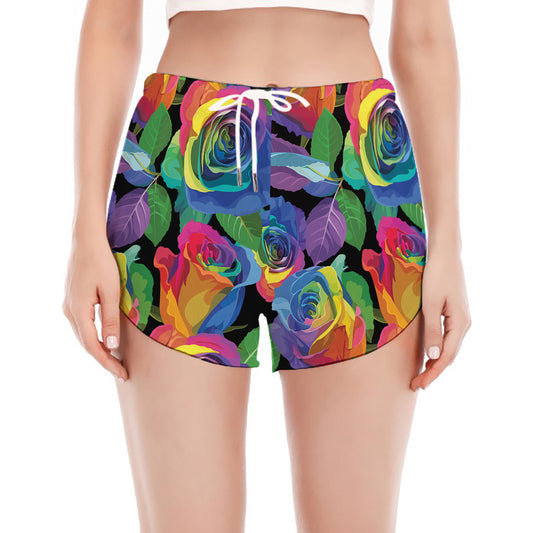 LGBT Pride Rainbow Roses Pattern Print Women's Split Running Shorts