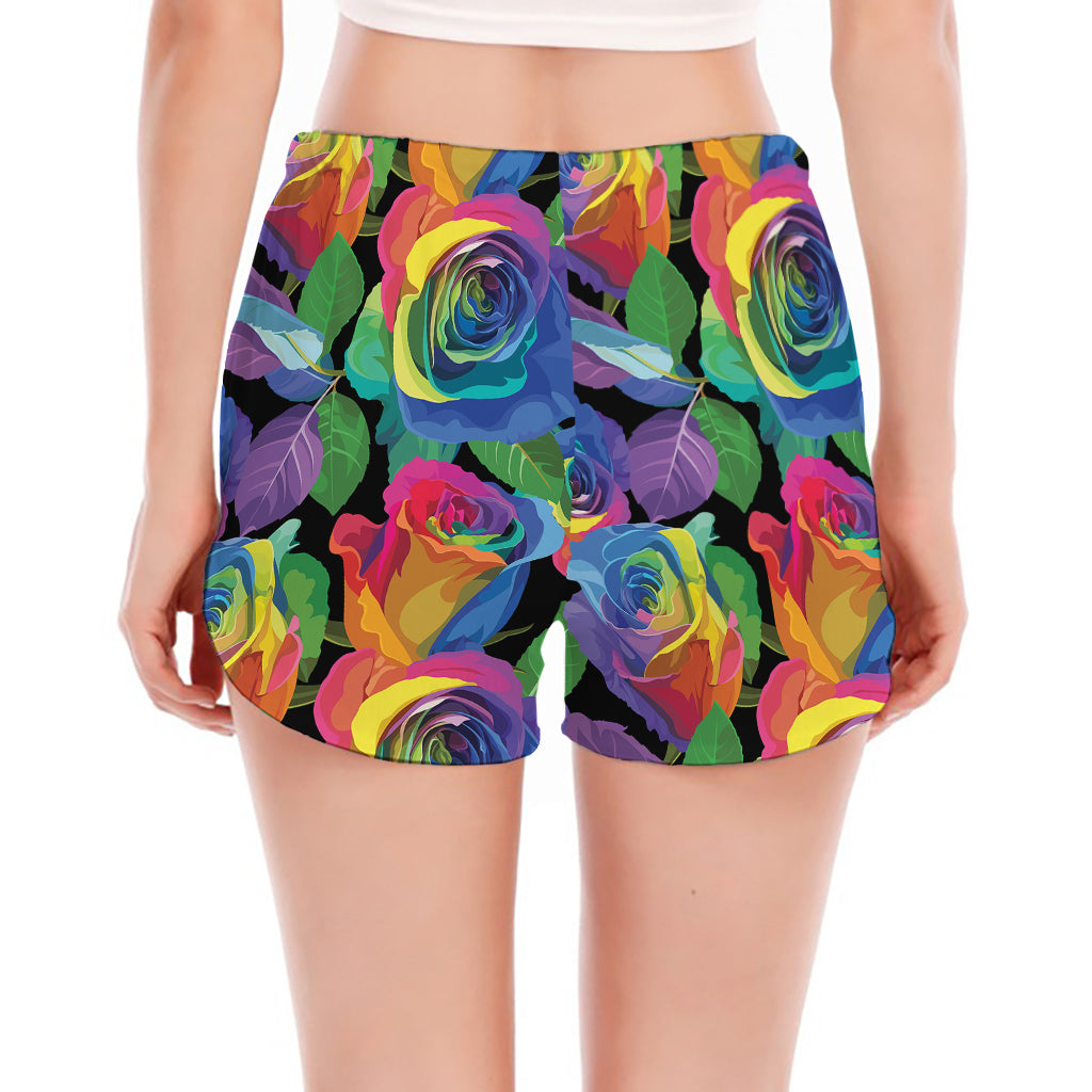LGBT Pride Rainbow Roses Pattern Print Women's Split Running Shorts