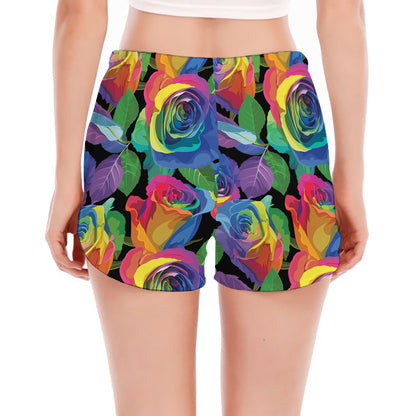 LGBT Pride Rainbow Roses Pattern Print Women's Split Running Shorts