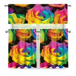 LGBT Pride Rainbow Roses Print 3 Piece Kitchen Curtains