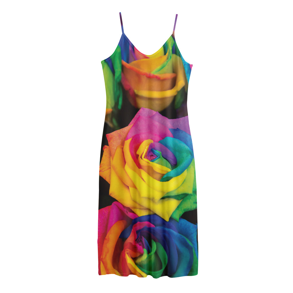 LGBT Pride Rainbow Roses Print Jersey Midi Cami Dress