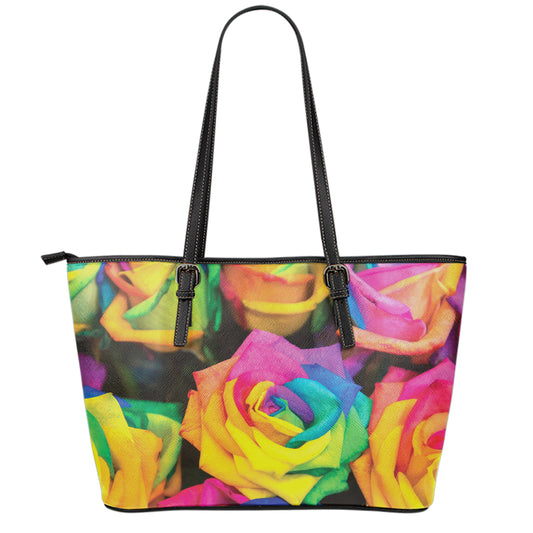 LGBT Pride Rainbow Roses Print Leather Tote Bag