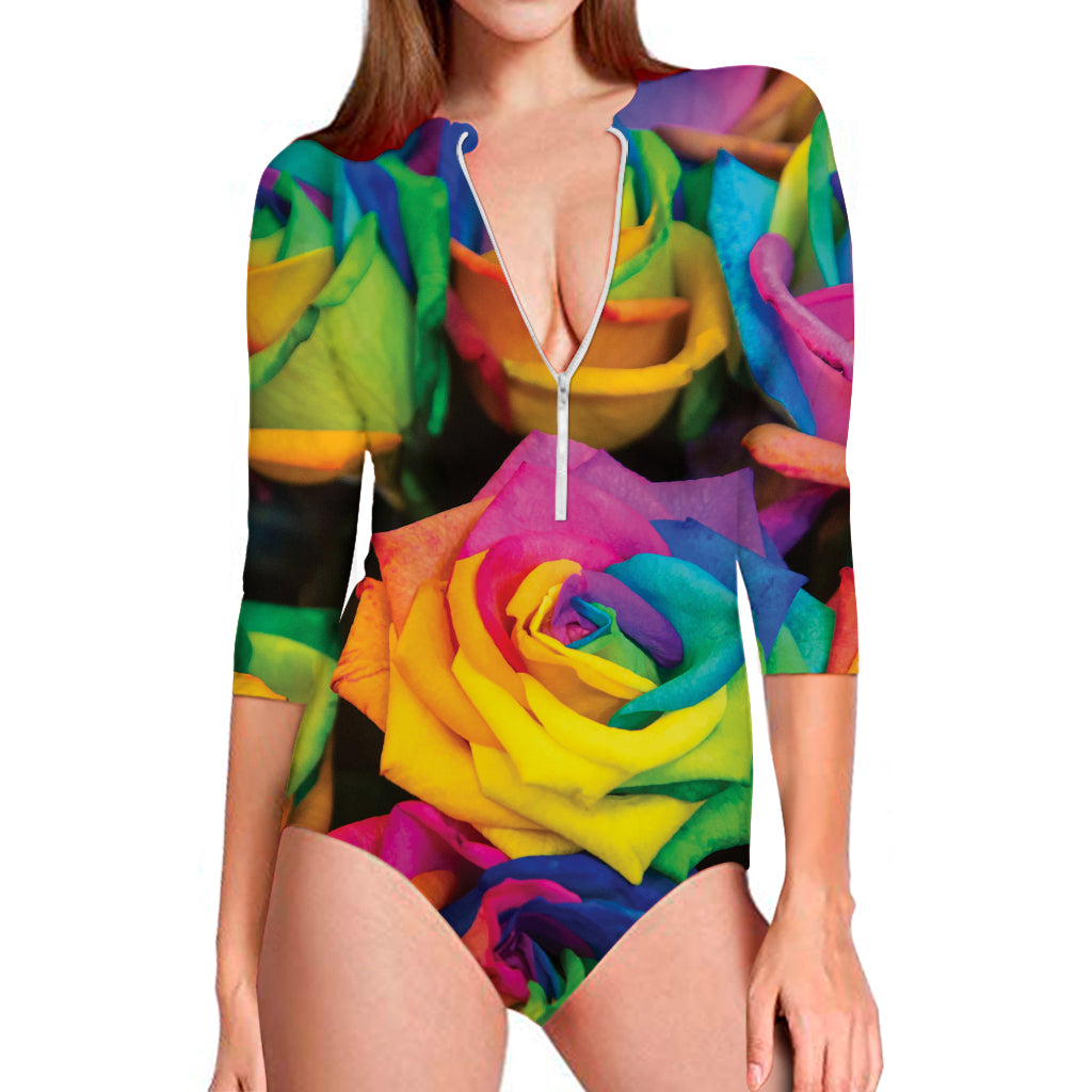 LGBT Pride Rainbow Roses Print Long Sleeve Swimsuit