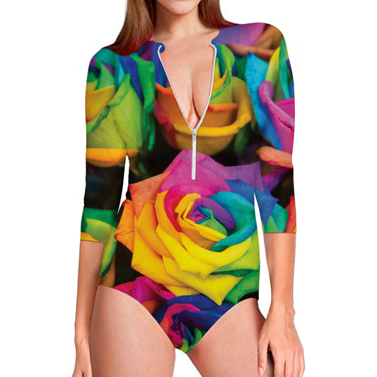LGBT Pride Rainbow Roses Print Long Sleeve Swimsuit