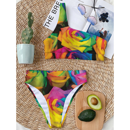 LGBT Pride Rainbow Roses Print One Shoulder Bikini Top