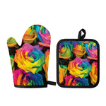 LGBT Pride Rainbow Roses Print Oven Mitt And Pot Holder Set