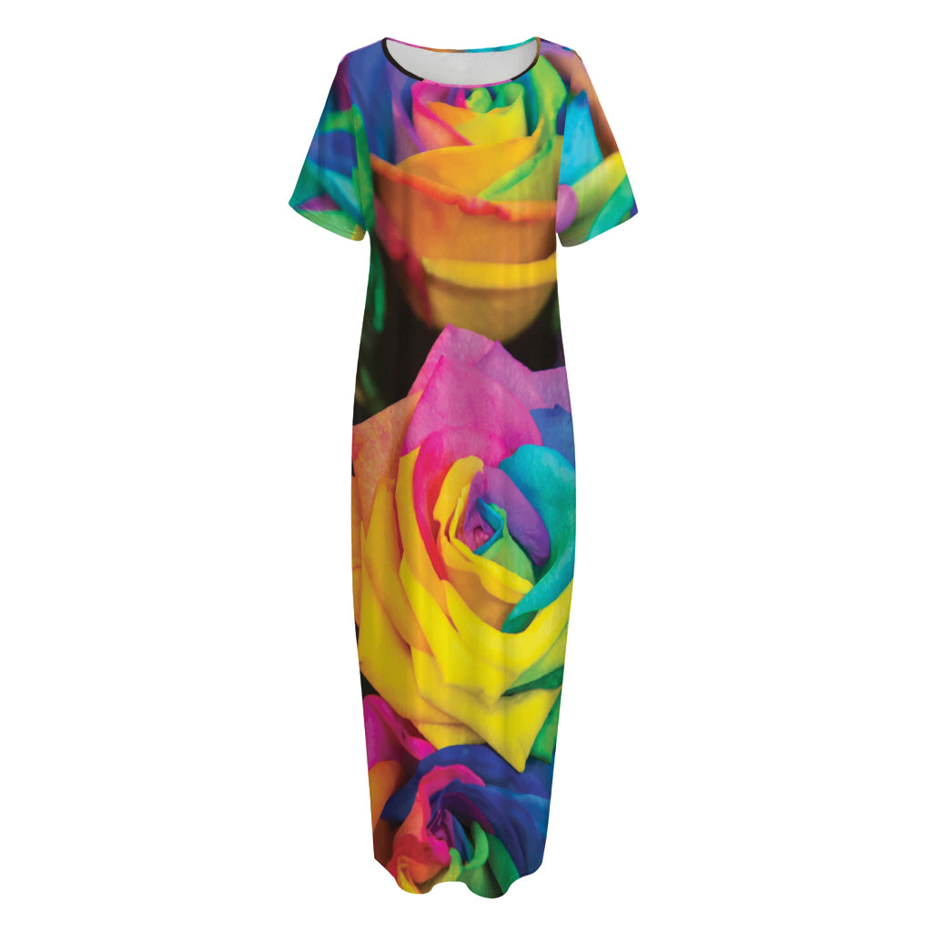 LGBT Pride Rainbow Roses Print Short Sleeve Long Nightdress