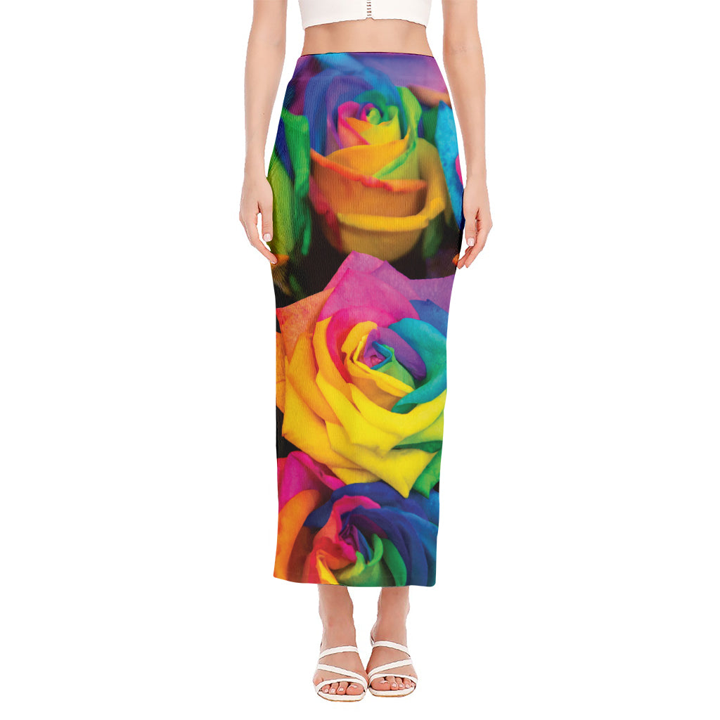 LGBT Pride Rainbow Roses Print Side Slit Maxi Skirt