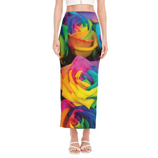 LGBT Pride Rainbow Roses Print Side Slit Maxi Skirt