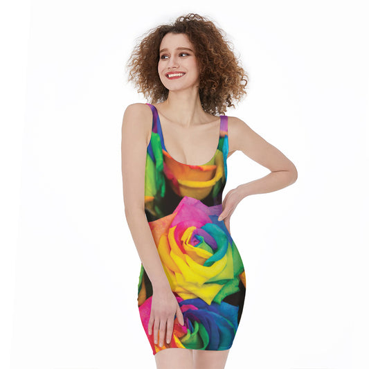 LGBT Pride Rainbow Roses Print Sleeveless Bodycon Dress