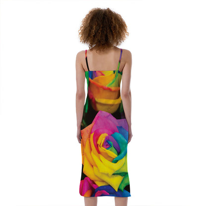 LGBT Pride Rainbow Roses Print Slim Fit Midi Cami Dress