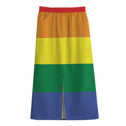 LGBT Pride Rainbow Striped Print Cotton Front Slit Maxi Skirt