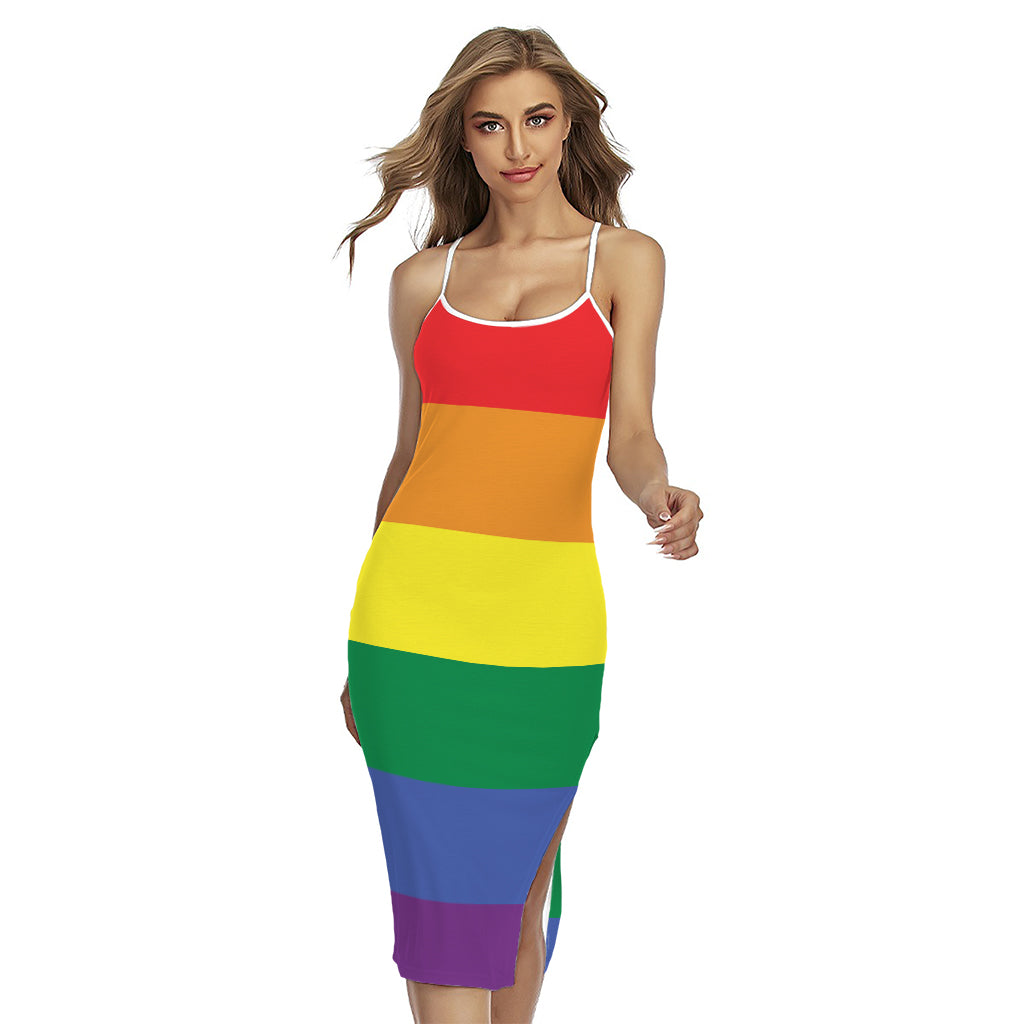 LGBT Pride Rainbow Striped Print Cross Back Cami Dress