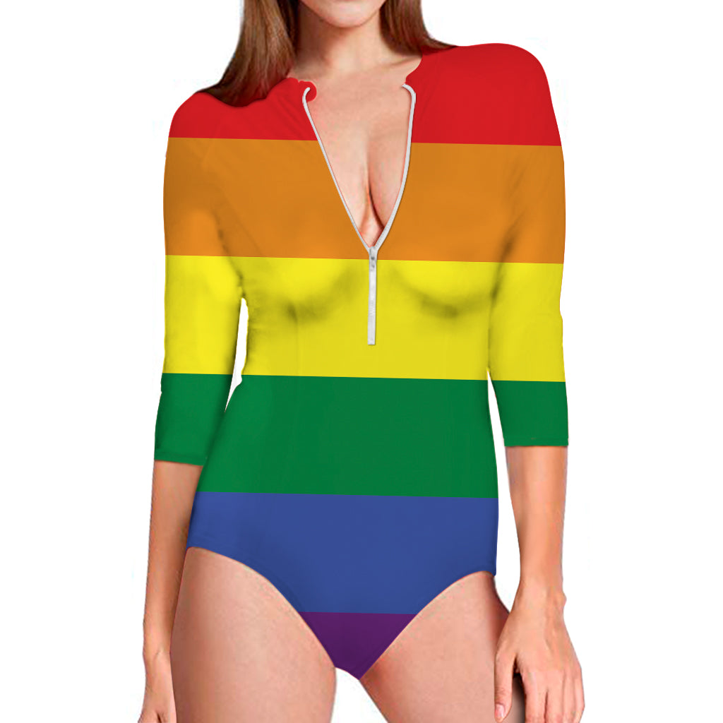 LGBT Pride Rainbow Striped Print Long Sleeve Swimsuit