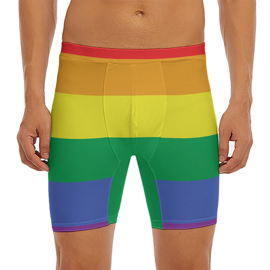 LGBT Pride Rainbow Striped Print Men's Long Boxer Briefs