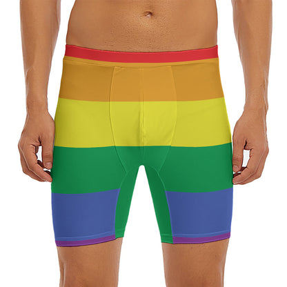 LGBT Pride Rainbow Striped Print Men's Long Boxer Briefs