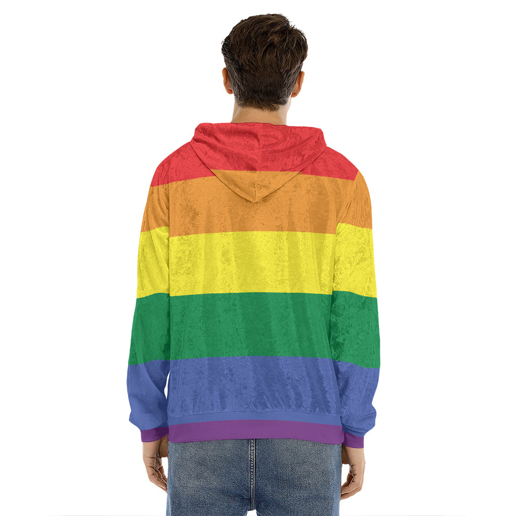LGBT Pride Rainbow Striped Print Men's Velvet Pullover Hoodie