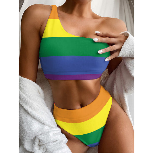 LGBT Pride Rainbow Striped Print One Shoulder Bikini Top