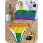 LGBT Pride Rainbow Striped Print One Shoulder Bikini Top