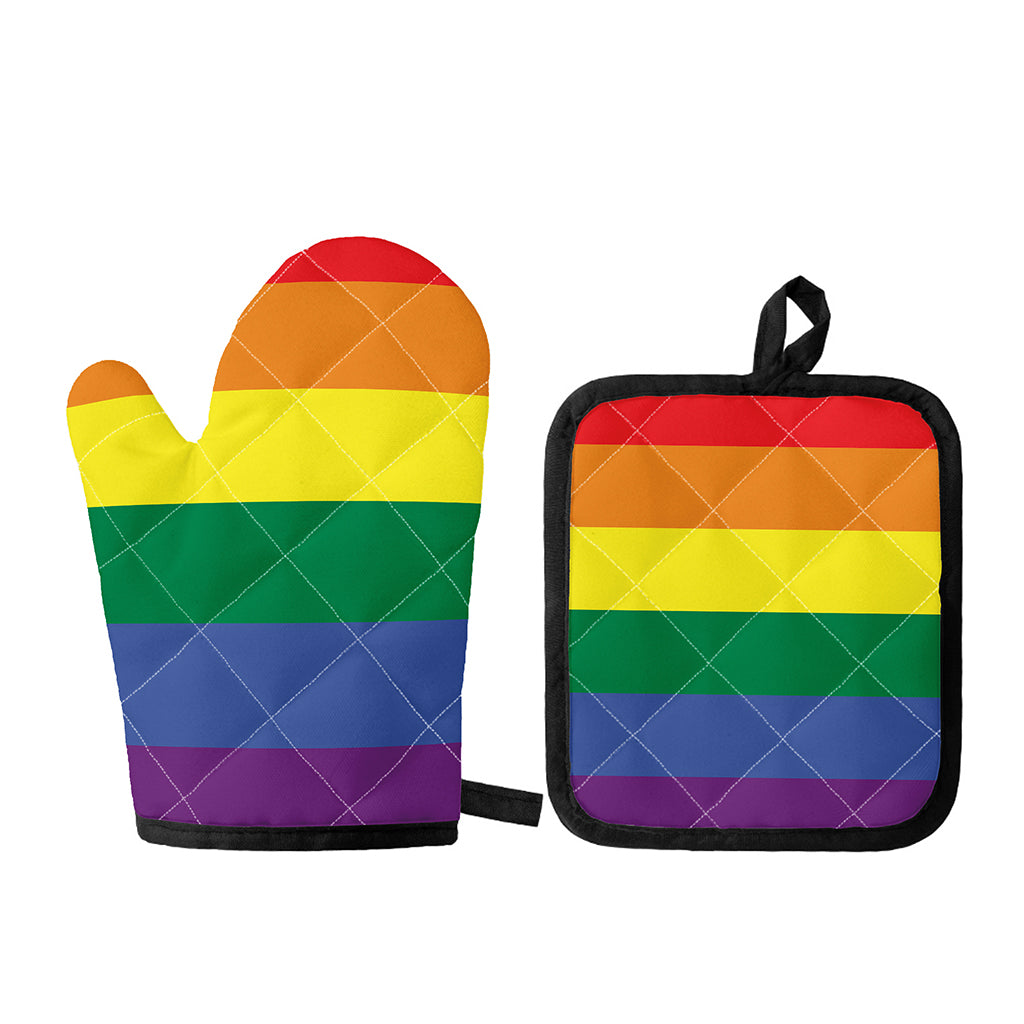 LGBT Pride Rainbow Striped Print Oven Mitt And Pot Holder Set