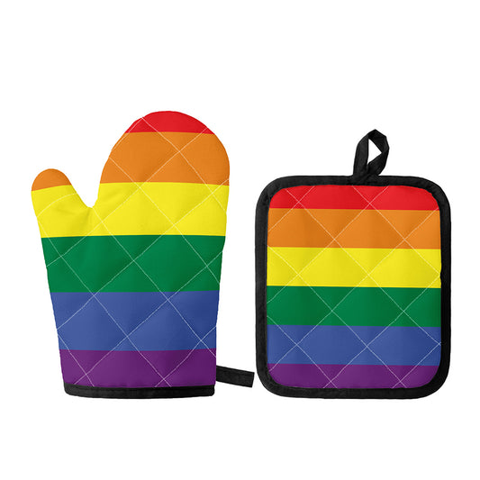 LGBT Pride Rainbow Striped Print Oven Mitt And Pot Holder Set