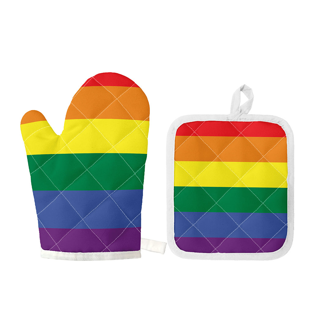 LGBT Pride Rainbow Striped Print Oven Mitt And Pot Holder Set