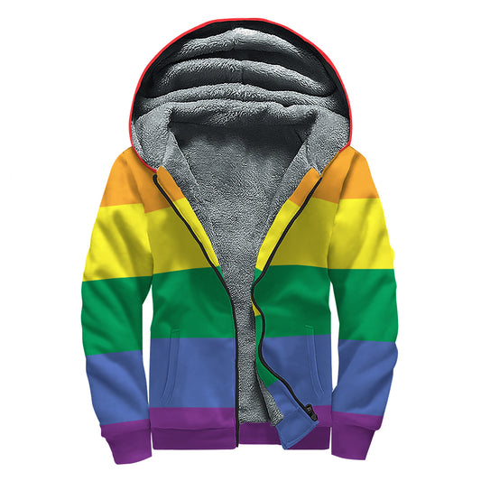 LGBT Pride Rainbow Striped Print Sherpa Lined Zip Up Hoodie