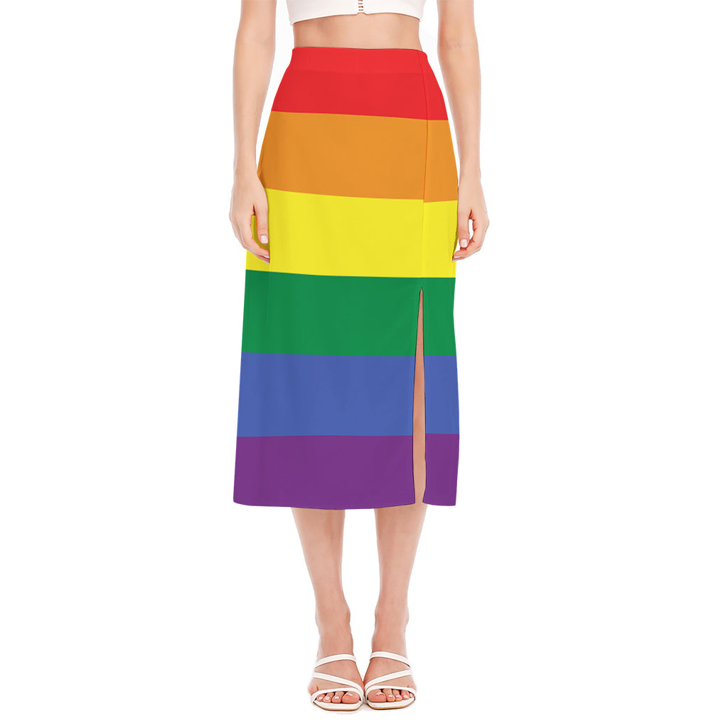 LGBT Pride Rainbow Striped Print Side Slit Midi Skirt