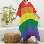 LGBT Pride Rainbow Striped Print Silk V-Neck Kaftan Dress