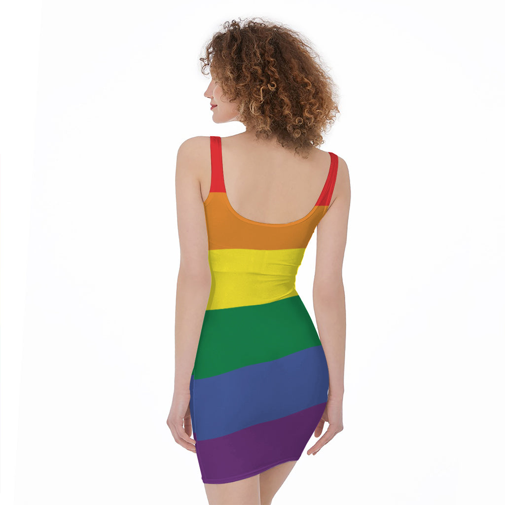 LGBT Pride Rainbow Striped Print Sleeveless Bodycon Dress