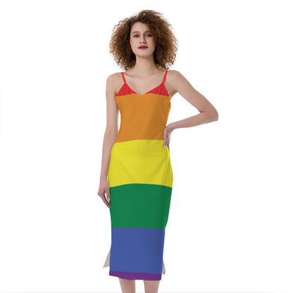 LGBT Pride Rainbow Striped Print Slim Fit Midi Cami Dress
