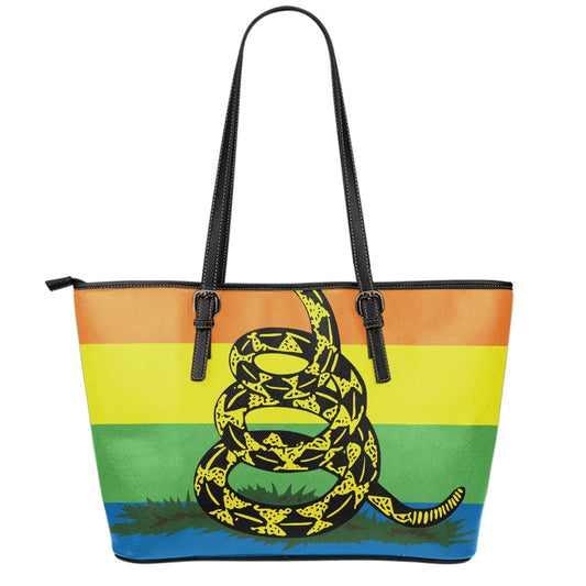 LGBT Rainbow Gadsden Flag Print Leather Tote Bag