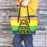 LGBT Rainbow Gadsden Flag Print Leather Tote Bag