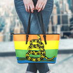 LGBT Rainbow Gadsden Flag Print Leather Tote Bag