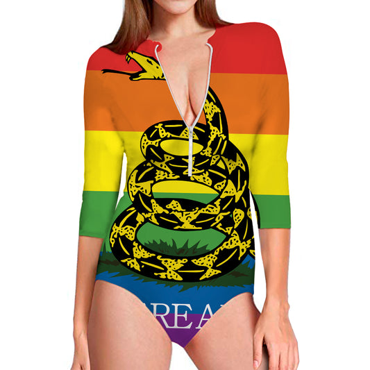 LGBT Rainbow Gadsden Flag Print Long Sleeve Swimsuit