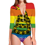 LGBT Rainbow Gadsden Flag Print Long Sleeve Swimsuit