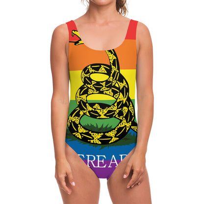 LGBT Rainbow Gadsden Flag Print One Piece Swimsuit