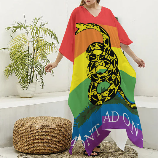 LGBT Rainbow Gadsden Flag Print Silk V-Neck Kaftan Dress