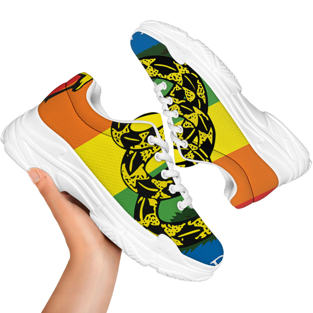 LGBT Rainbow Gadsden Flag Print White Chunky Shoes