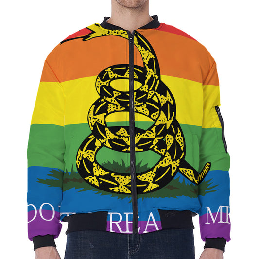 LGBT Rainbow Gadsden Flag Print Zip Sleeve Bomber Jacket