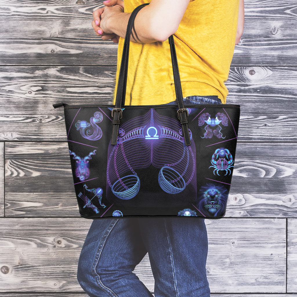 Libra And Astrological Signs Print Leather Tote Bag