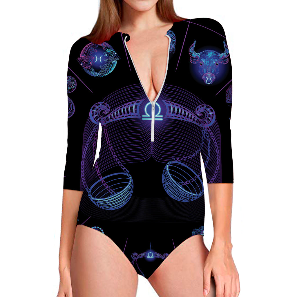 Libra And Astrological Signs Print Long Sleeve Swimsuit