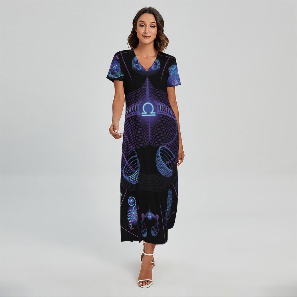 Libra And Astrological Signs Print Short Sleeve Maxi Dress