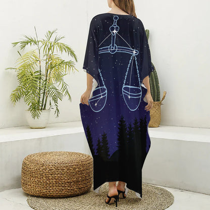 Libra Constellation Print Silk V-Neck Kaftan Dress