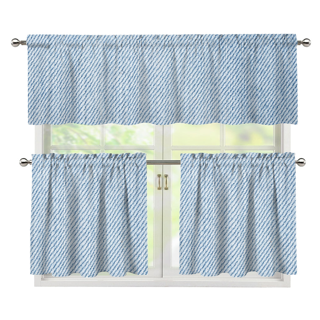 Light Blue Denim Jeans Print 3 Piece Kitchen Curtains
